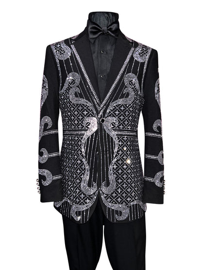 close up of a mannequin wearing a black suit jacket with rhinestones and a black shirt and black satin bowtie against a white background