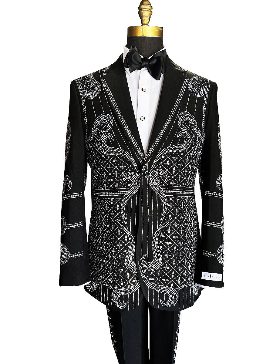 mannequin wearing a black suit jacket with rhinestones and a black satin bowtie by tuxclub
