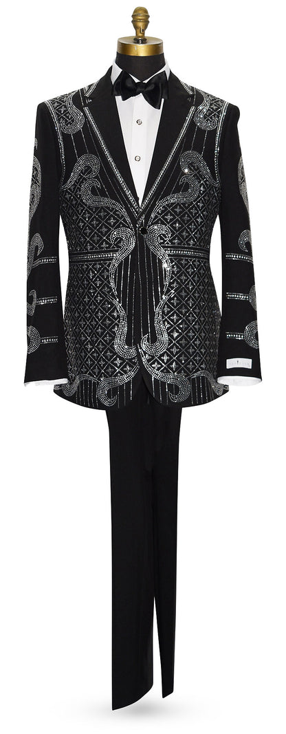 full length mannequin wearing a black suit jacket with rhinestones and a black satin bowtie against a white background