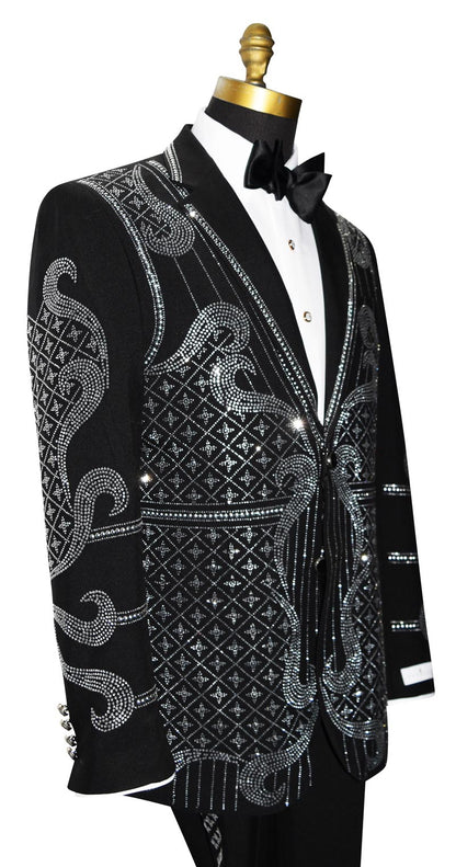 side view close up mannequin wearing a black suit jacket with rhinestones and a black satin bowtie