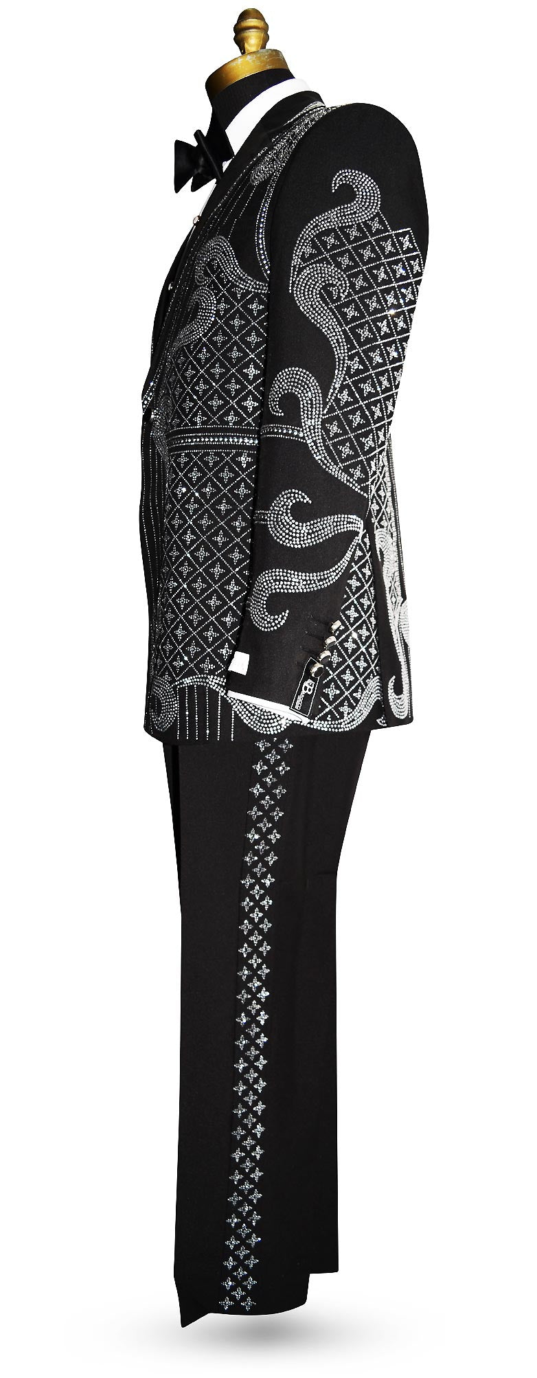 side view of mannequin wearing a black suit jacket and pants with rhinestones and a black satin bowtie by tuxclub