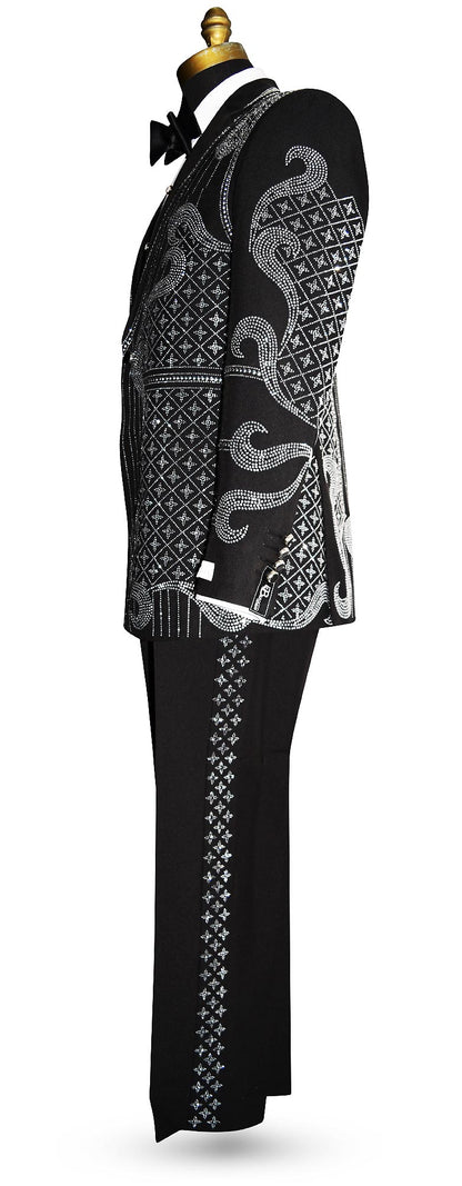 side view of mannequin wearing a black suit jacket and pants with rhinestones and a black satin bowtie by tuxclub