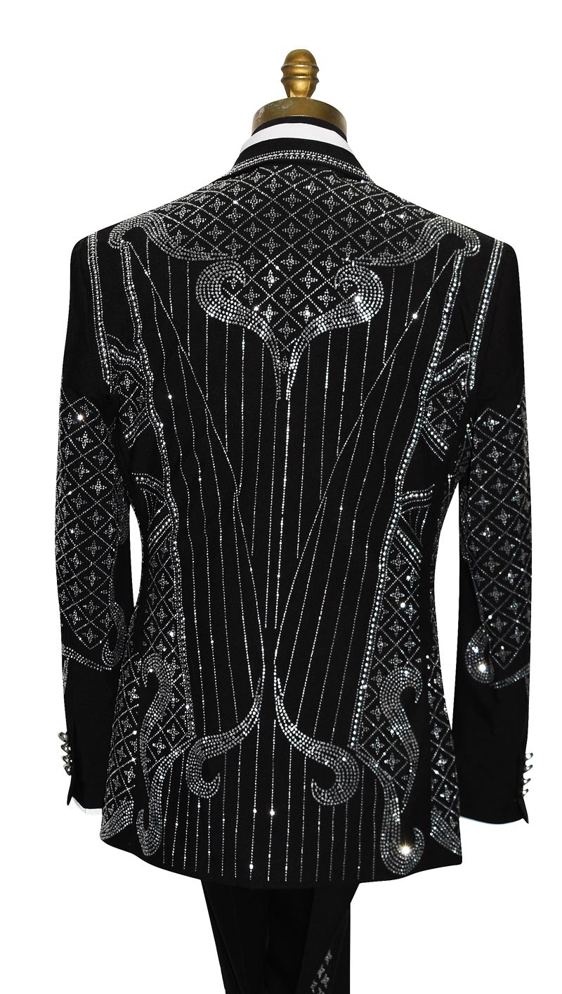 back view of mannequin wearing a black suit jacket with rhinestones pattern all over the back of the coat against a white background