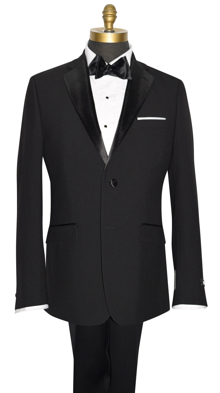 close up of black notch lapel tuxedo with black satin bowtie by DKNY against a white background