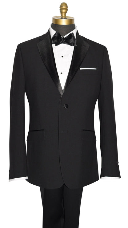close up of black notch lapel tuxedo with black satin bowtie by DKNY against a white background