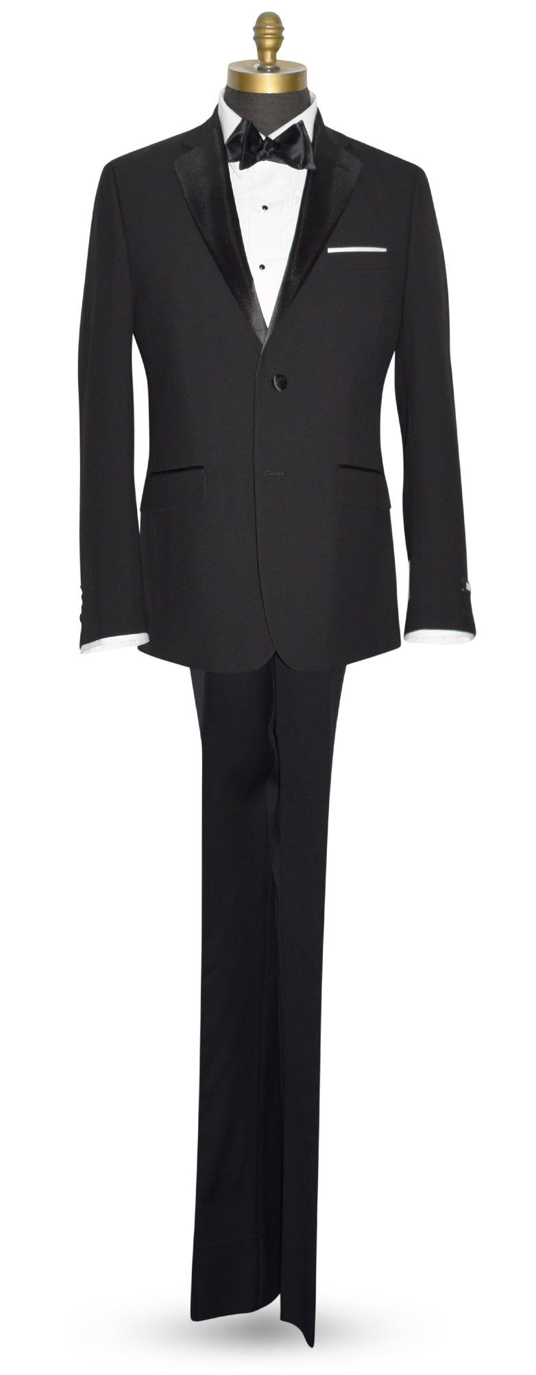 full length mannequin wearing a black notch lapel tuxedo with black satin bowtie by DKNY