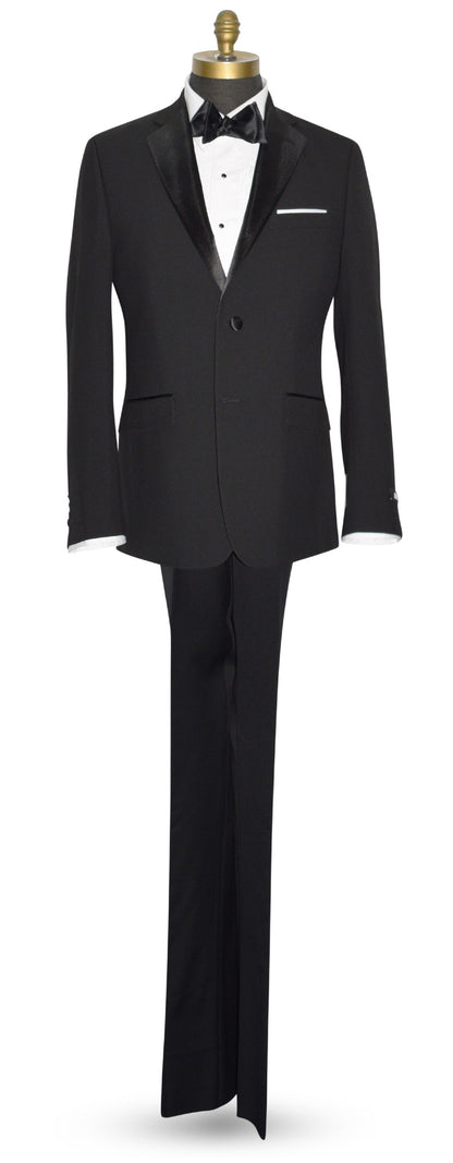 full length mannequin wearing a black notch lapel tuxedo with black satin bowtie by DKNY