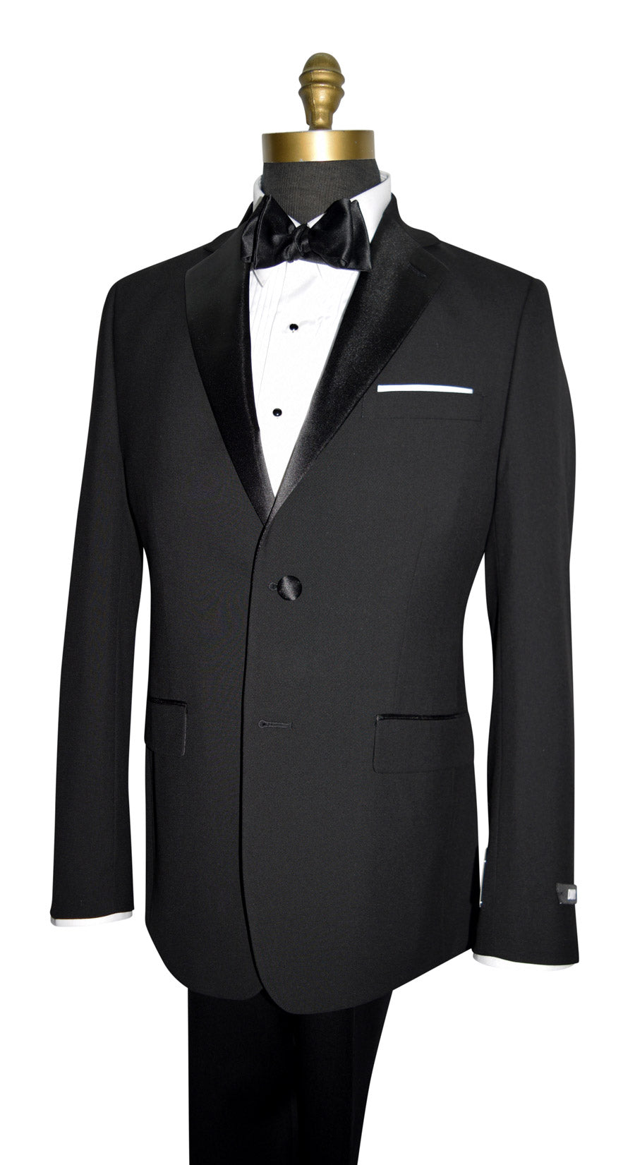 right side view of DKNY black notch lapel tuxedo against a white background