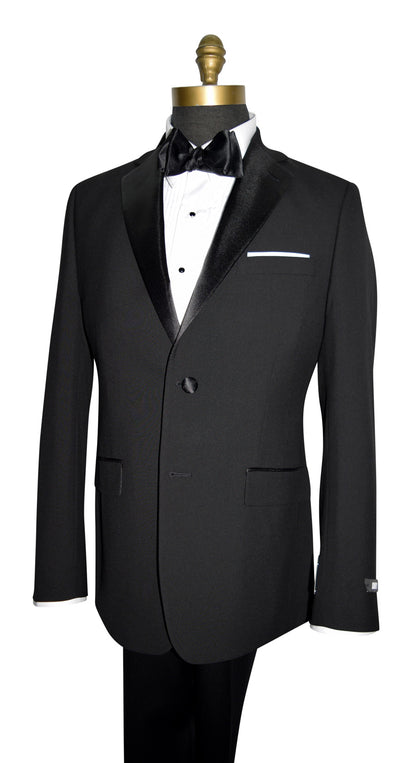 right side view of DKNY black notch lapel tuxedo against a white background
