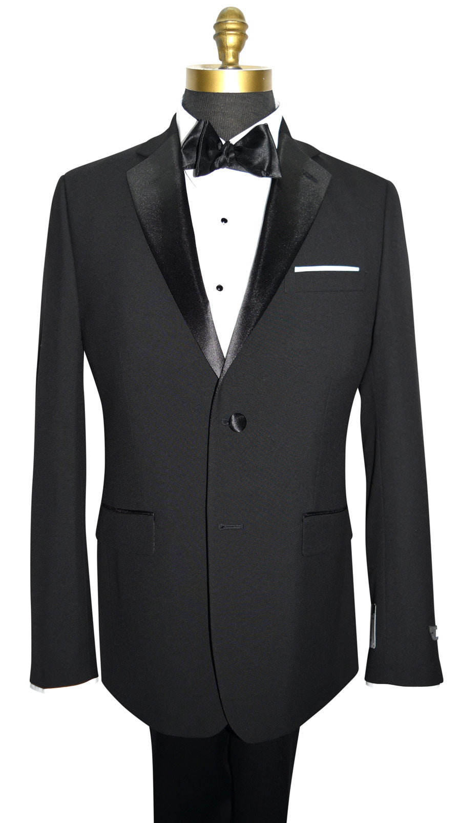 front close up view of black DKNY tuxedo on mannequin against a white background