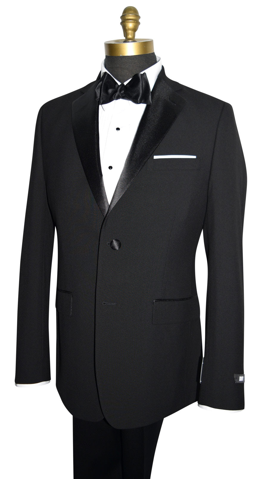 left side closeup black notch lapel tuxedo against a white background