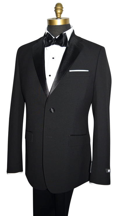 left side closeup black notch lapel tuxedo against a white background