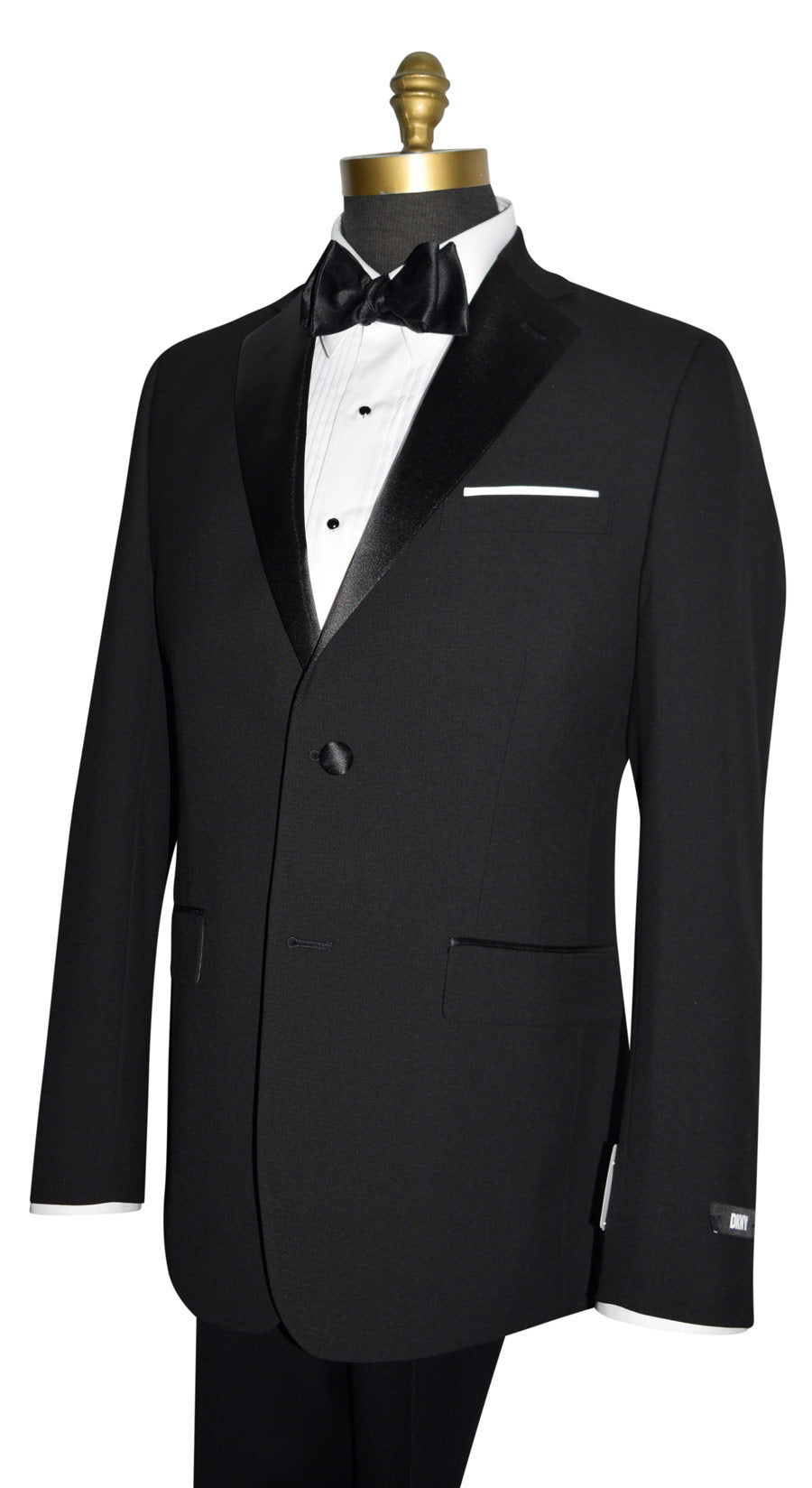 side view black 2 button notch lapel black slim fit tuxedo against a white background