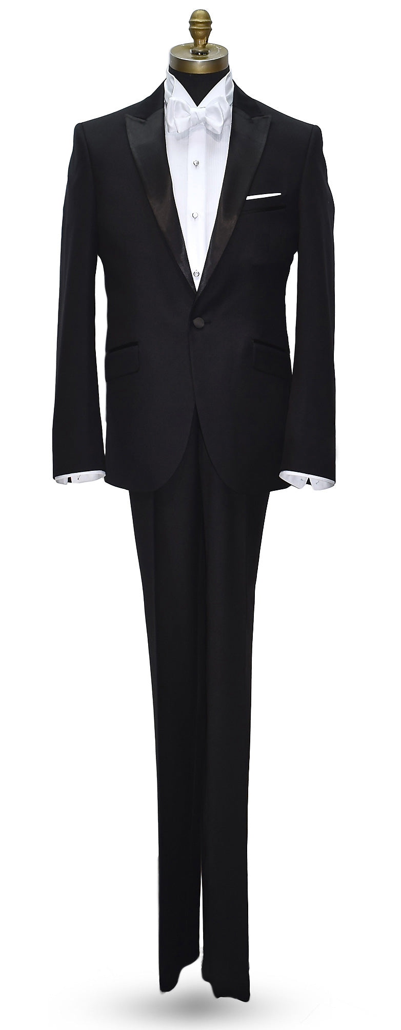 black peak lapel tuxedo with a white wing collar tuxedo shirt and a white "tie-yourself" bowtie on a mannequin against a white background