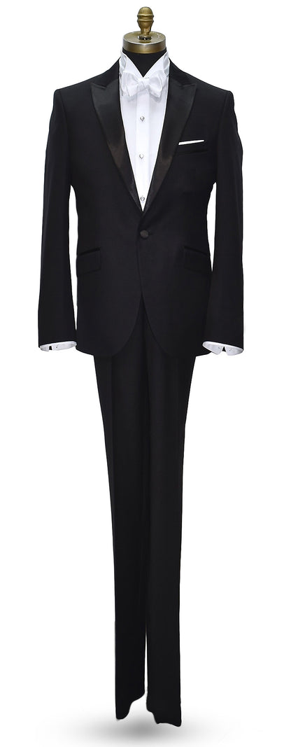black peak lapel tuxedo with a white wing collar tuxedo shirt and a white "tie-yourself" bowtie on a mannequin against a white background
