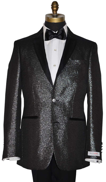 close-up black peak lapel tuxedo with shimmer on a mannequin with a "Dante Inferno" branded label on the sleeve against a white background