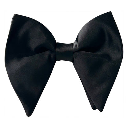 Black satin "butterfly" pre-tied bowtie on a white background