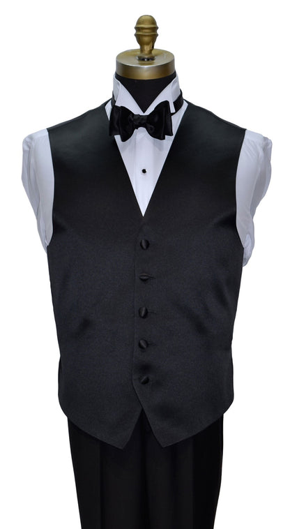mannequin wearing a white tuxedo shirt with a black satin five button tuxedo vest against a white background