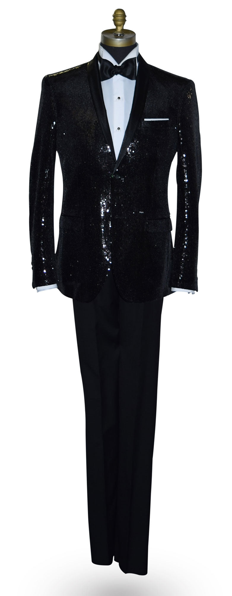 life size mannequin wearing a black sequin tuxedo on a mannequin against a white background