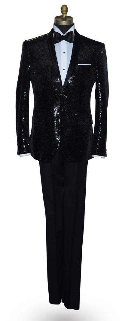 life size mannequin wearing a black sequin tuxedo on a mannequin against a white background