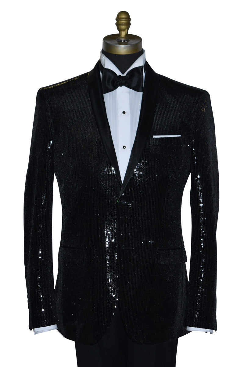 Black sequin tuxedo on a mannequin against a white background
