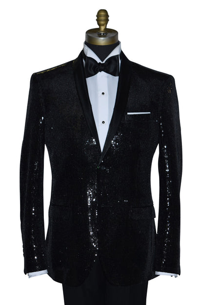Black sequin tuxedo on a mannequin against a white background