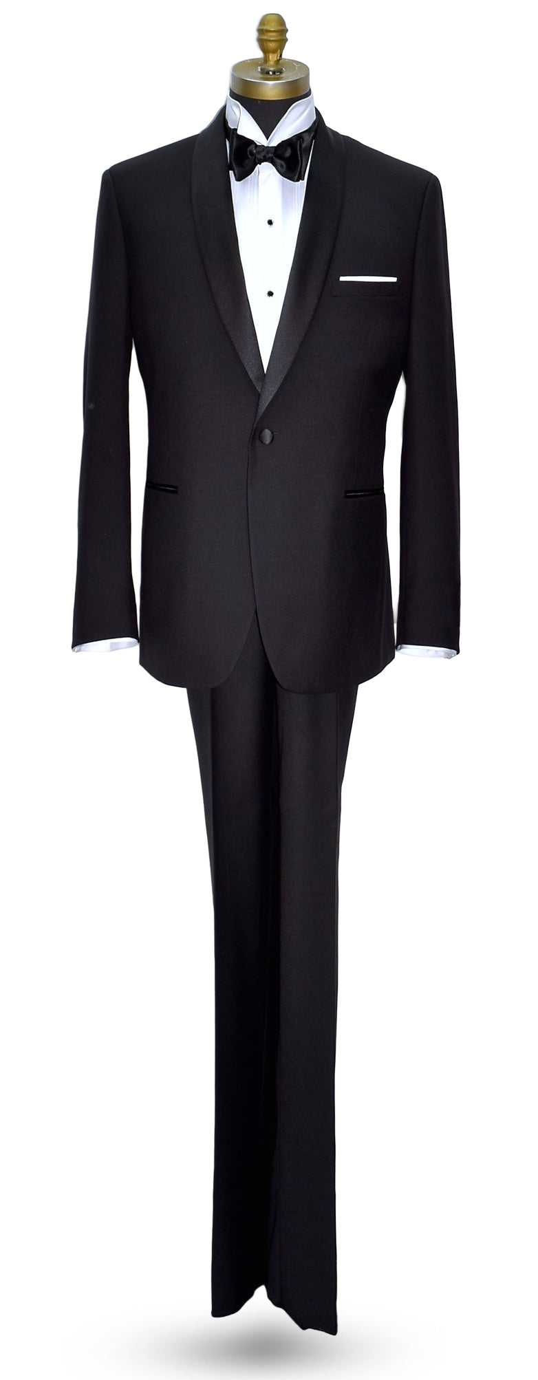 mannequin wearing a black shawl collar tuxedo with a white tuxedo shirt and black satin bowtie on a white background
