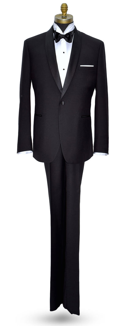 mannequin wearing a black shawl collar tuxedo with a white tuxedo shirt and black satin bowtie on a white background
