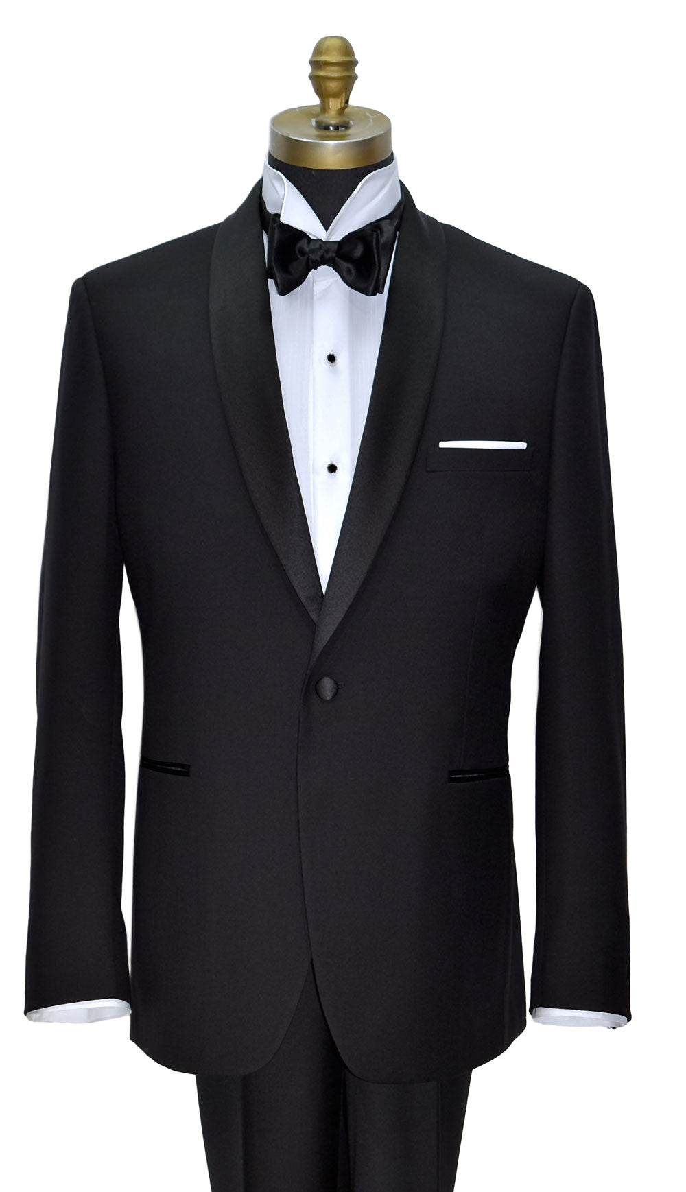 close-up of mannequin wearing a black shawl collar tuxedo with a white tuxedo shirt and black satin bowtie on a white background