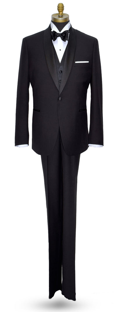 mannequin wearing a black shawl collar tuxedo and black tuxedo vest with a white wing-collar tuxedo shirt and black satin bowtie on a white background