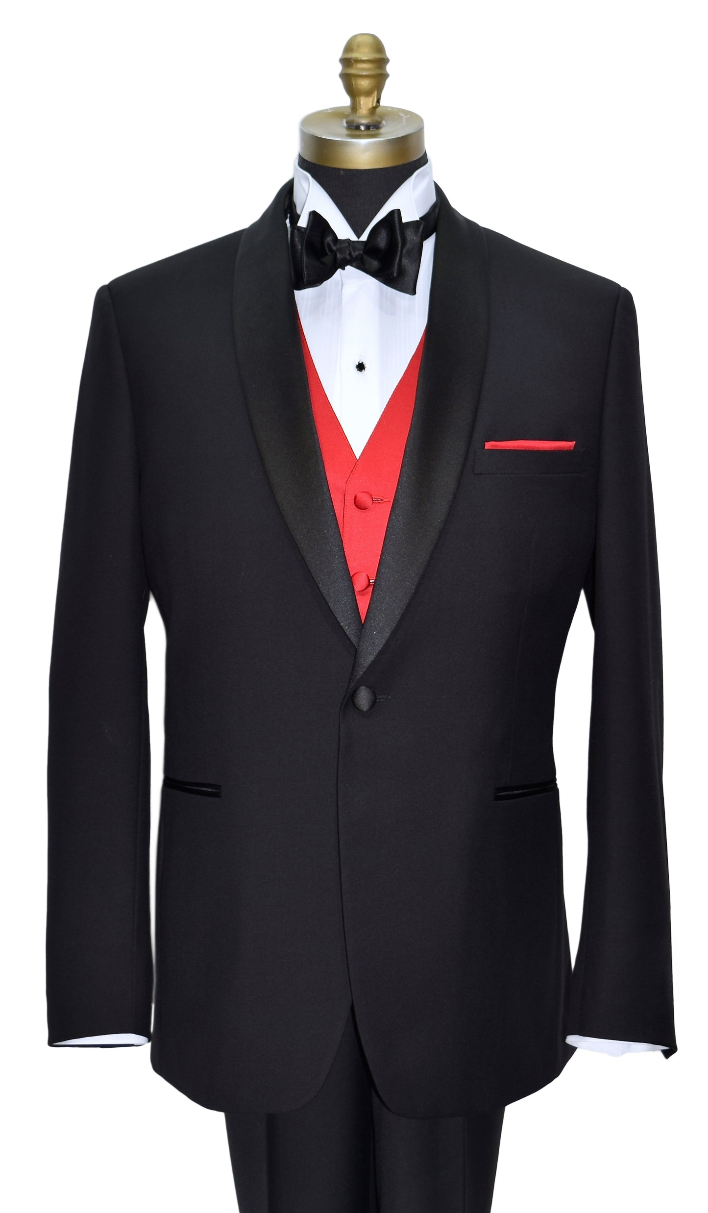 close up Black shawl tuxedo with red vest and black bowtie on a mannequin against a white background
