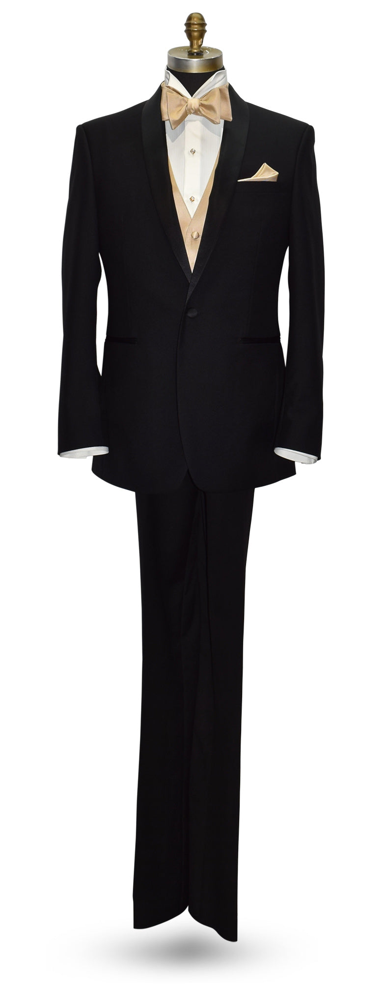 mannequin wearing a black shawl collar tuxedo white champagne vest and champagne bowtie against a white background