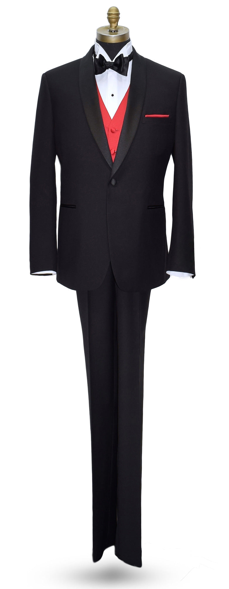 Black shawl tuxedo with red vest on a mannequin wearing a red vest and black satin bowtie against a white background