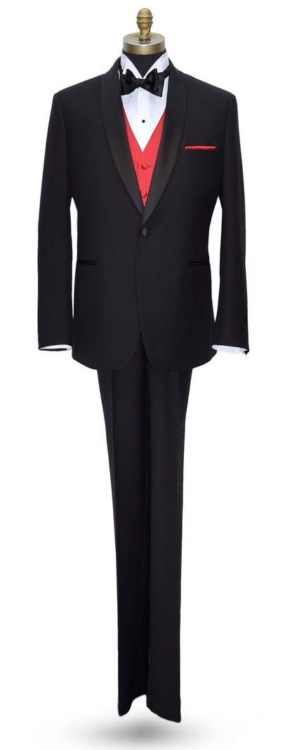 Black shawl tuxedo with red vest on a mannequin wearing a red vest and black satin bowtie against a white background