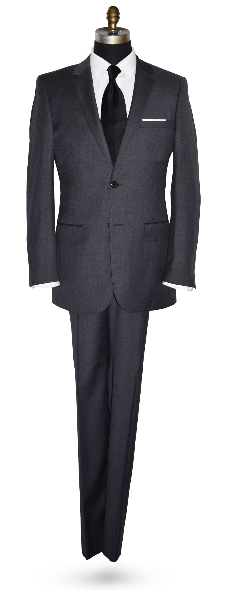 life size mannequin wearing a Charcoal men's suit with white shirt and black silk necktie on a mannequin against a white background