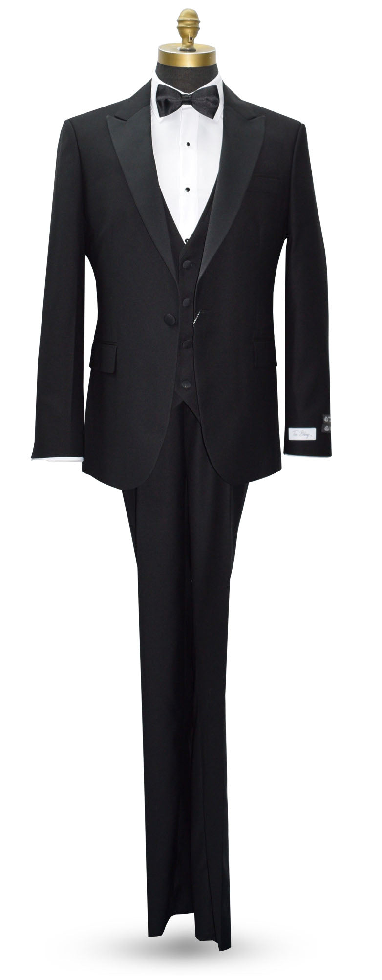 black 3 piece peak lapel tuxedo on a mannequin with a white tuxedo shirt and black bowtieand a "tux bling" branded label