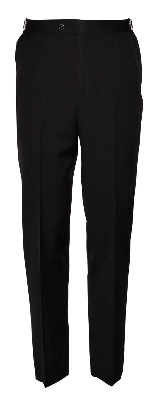mannequin wearing black slim fit tuxedo pants against a white background