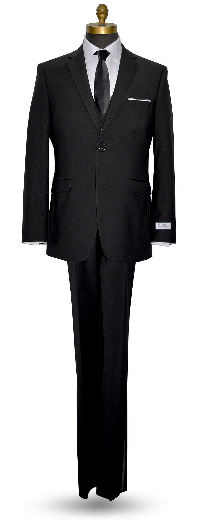 Full length Black slim-fit suit by TUXCLUB on a mannequin against a white background