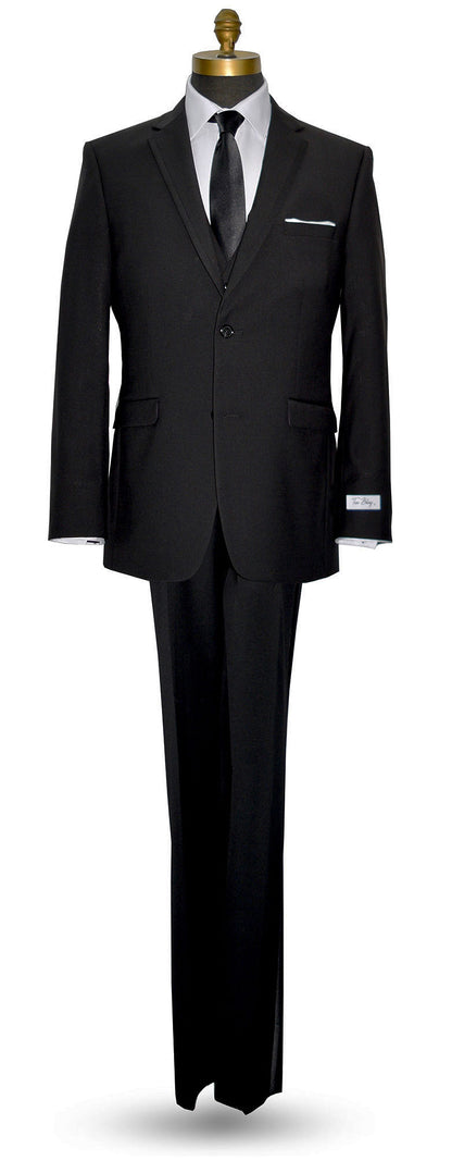 Full length Black slim-fit suit by TUXCLUB on a mannequin against a white background