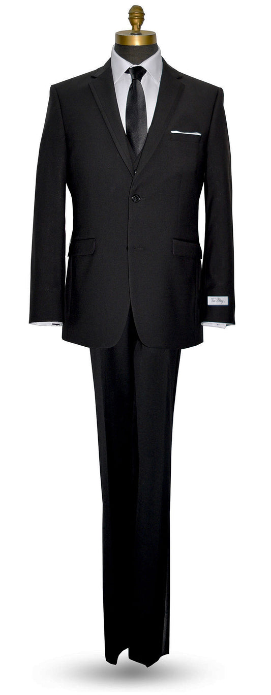 Full length Black slim-fit suit by TUXCLUB on a mannequin against a white background
