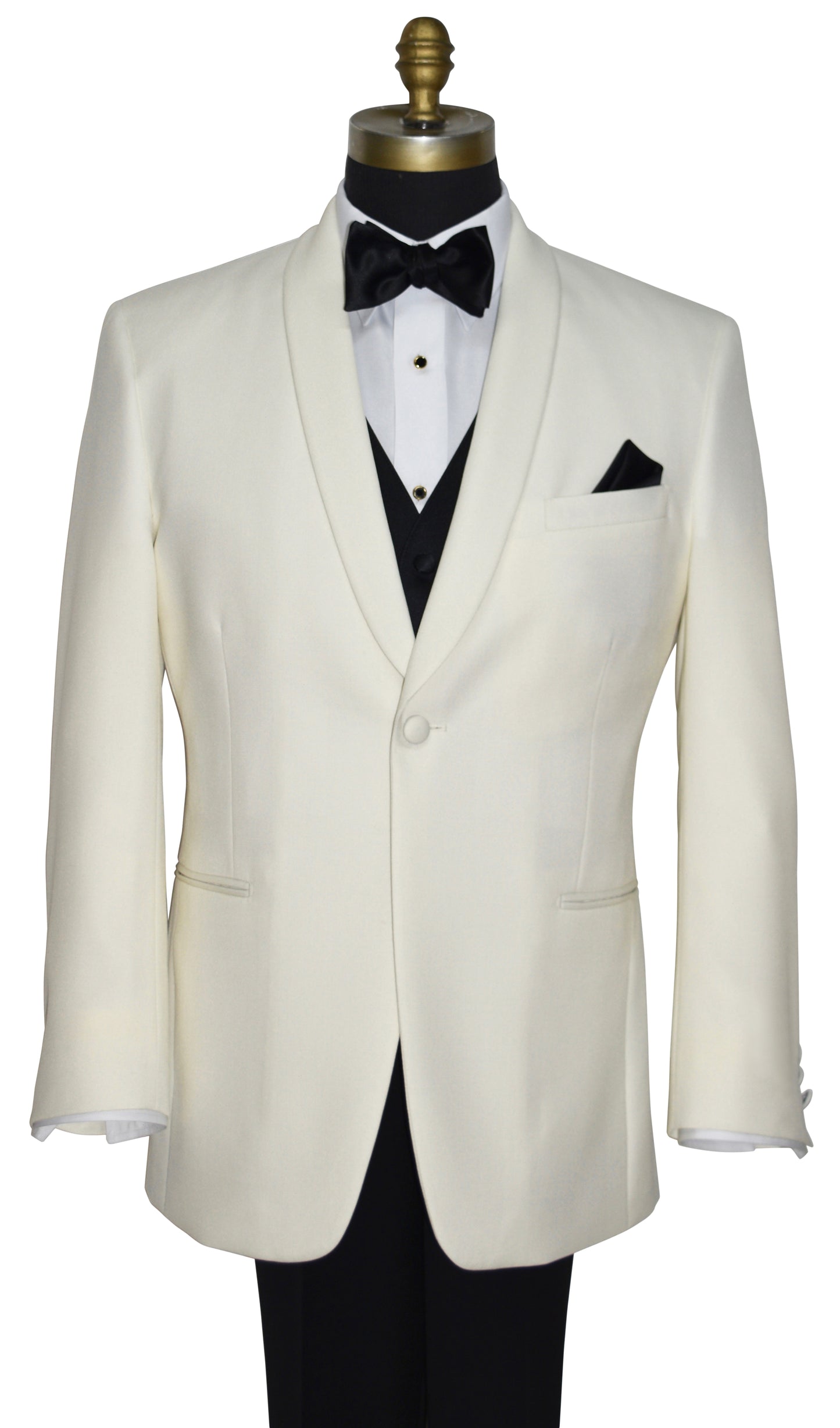 Ivory dinner jacket with black four-button vest and bow tie on a mannequin against a white background