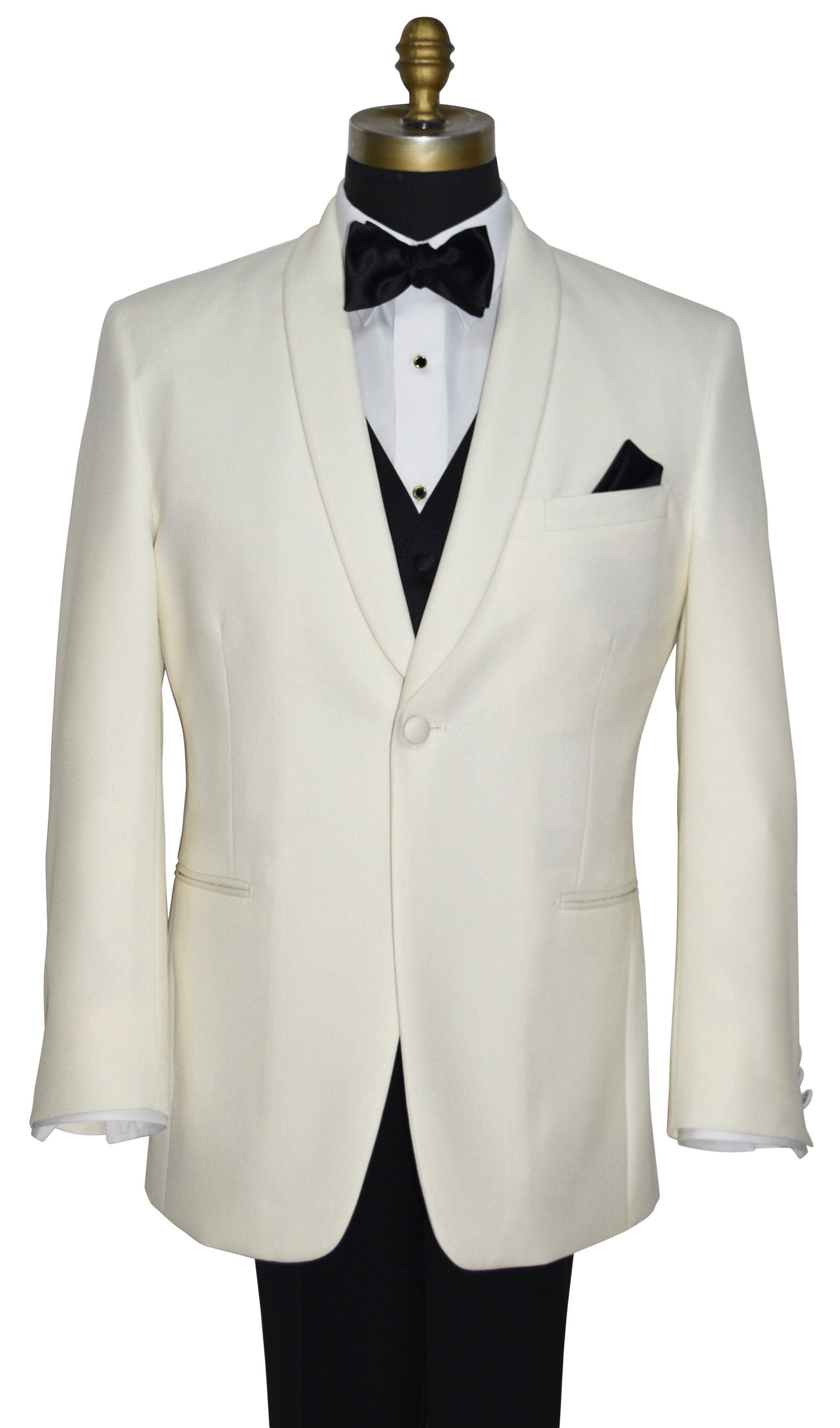 Ivory dinner jacket with black four-button vest and bow tie on a mannequin against a white background
