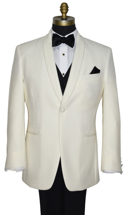 Ivory dinner jacket with black four-button vest and bow tie on a mannequin against a white background