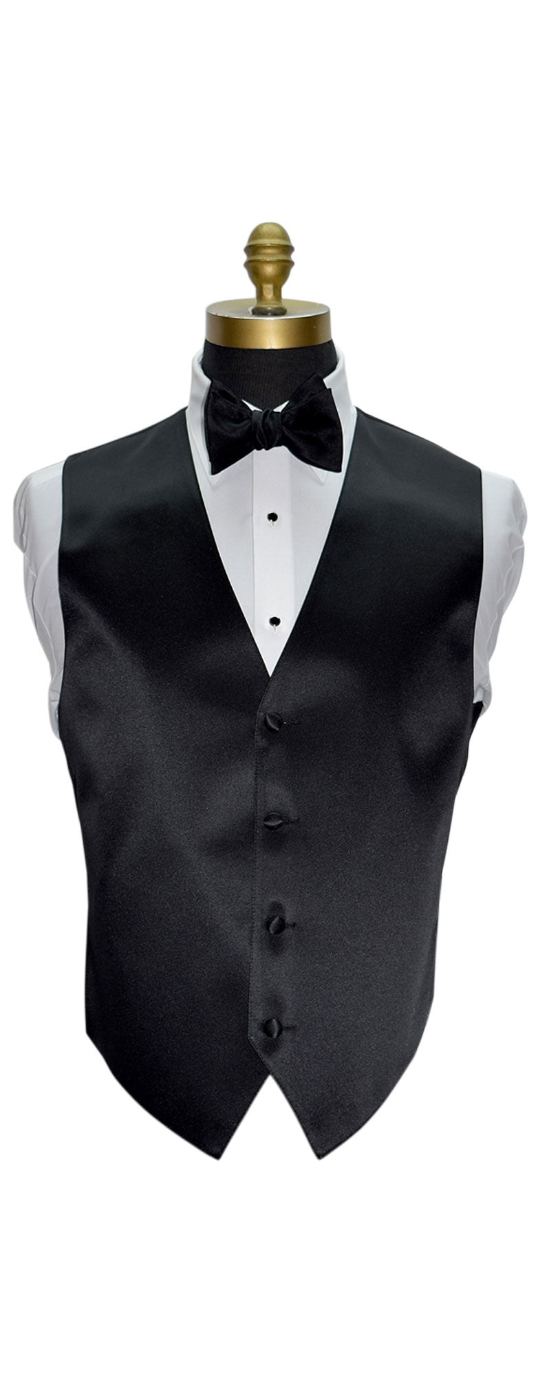 Black vest on a mannequin with a white shirt and black bow tie against a white background