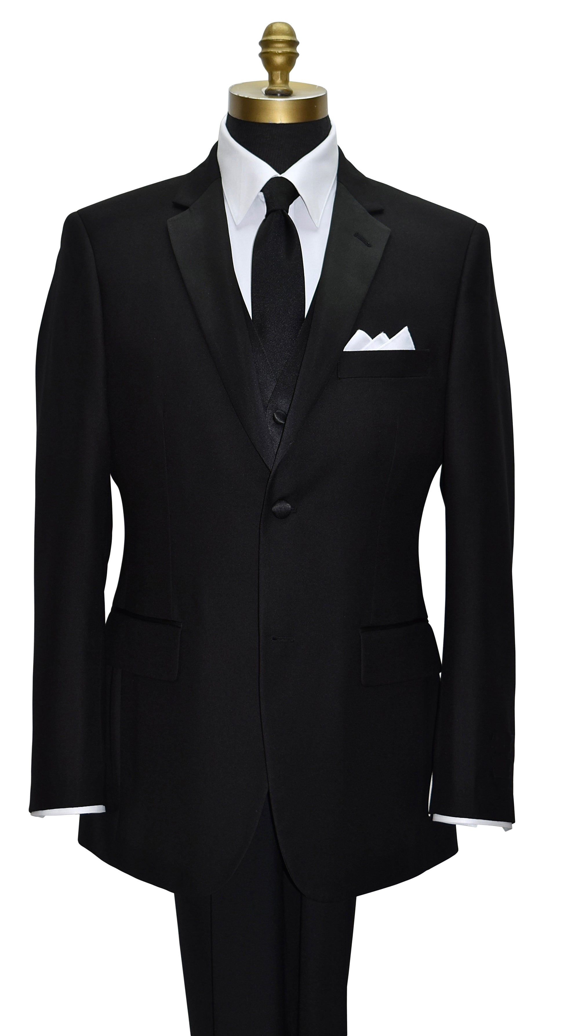 close-up black notch lapel tuxedo with a white tuxedo shirt and a long black necktie and a four-button black tuxedo vest against a white background