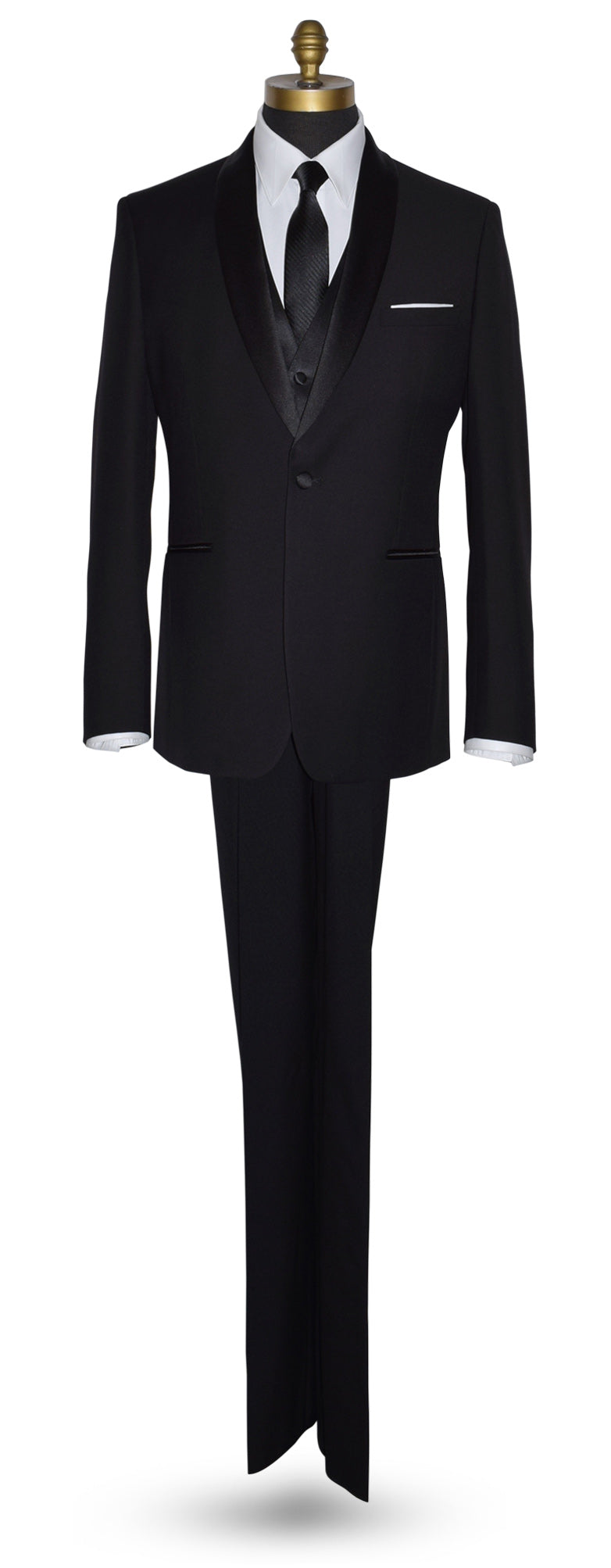 life size-front view-black notch lapel tuxedo with a white tuxedo shirt and a long black necktie and a four-button black tuxedo vest against a white background