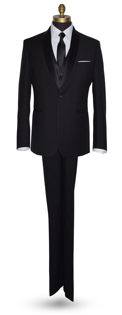 life size-front view-black notch lapel tuxedo with a white tuxedo shirt and a long black necktie and a four-button black tuxedo vest against a white background
