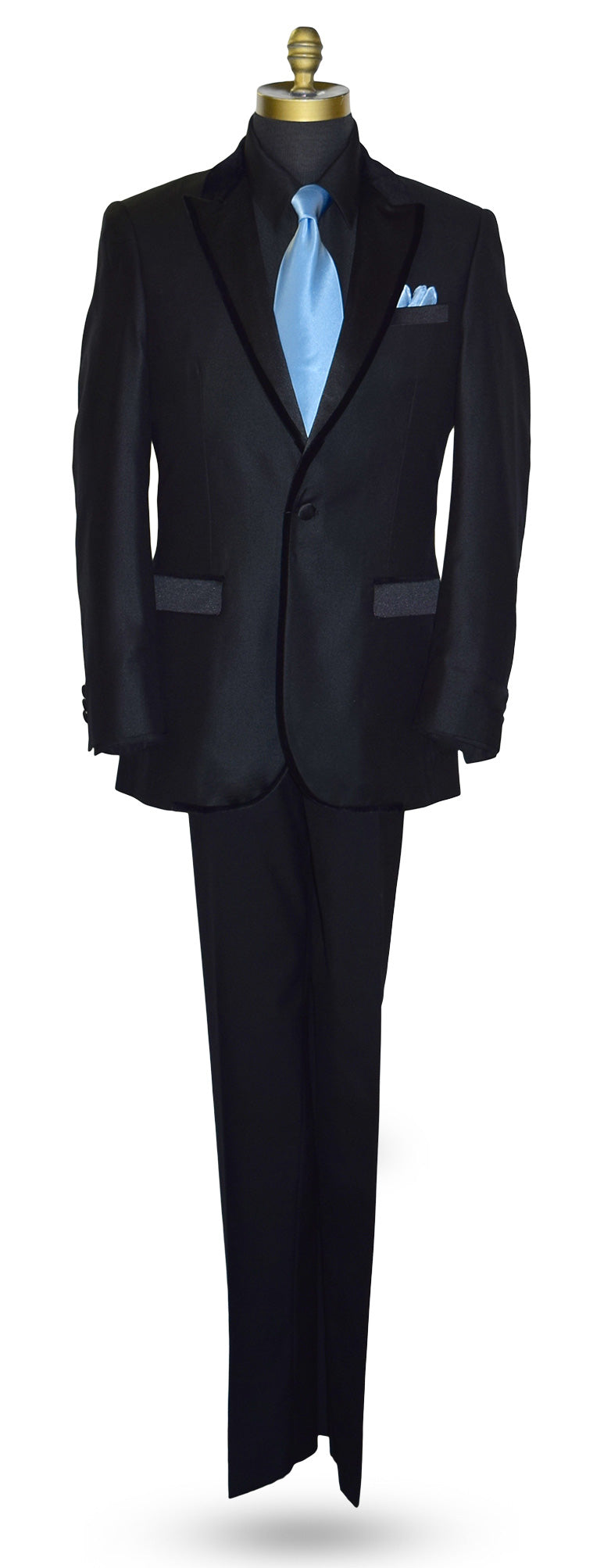 Back tuxedo jacket with a peak lapel with velvet trim on edges of lapel, shown with a blue necktie against a white background