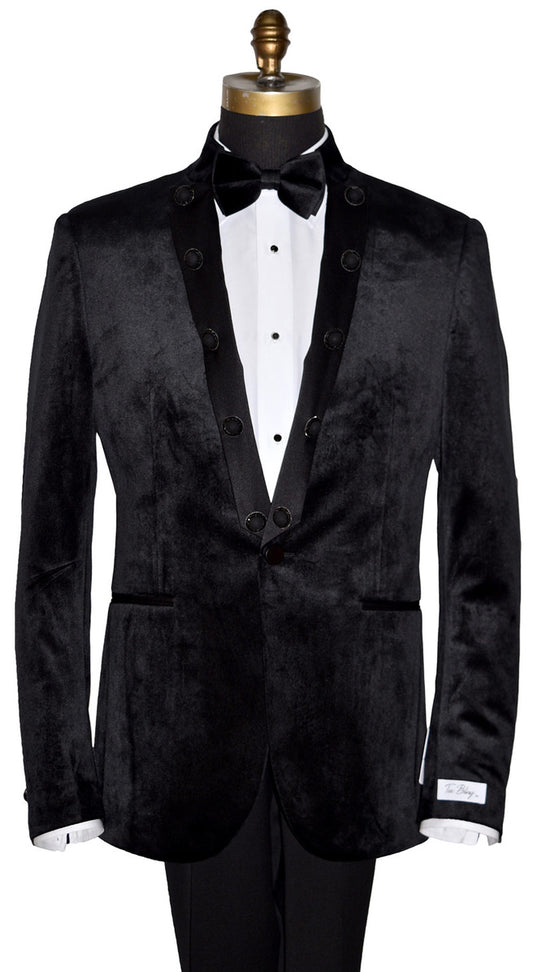Black velvet nehru collar tuxedo jacket on a mannequin against a white background