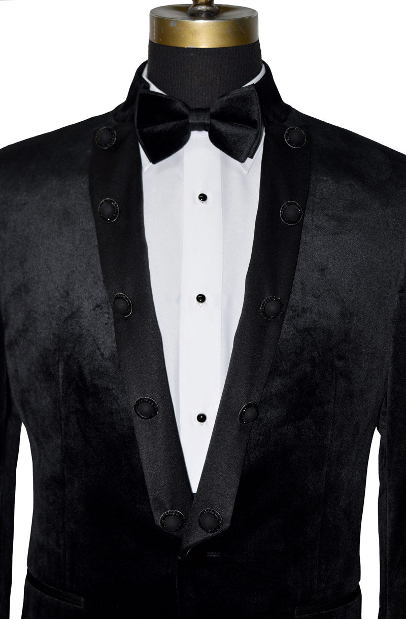 close up black velvet nehru collar tuxedo against a white background